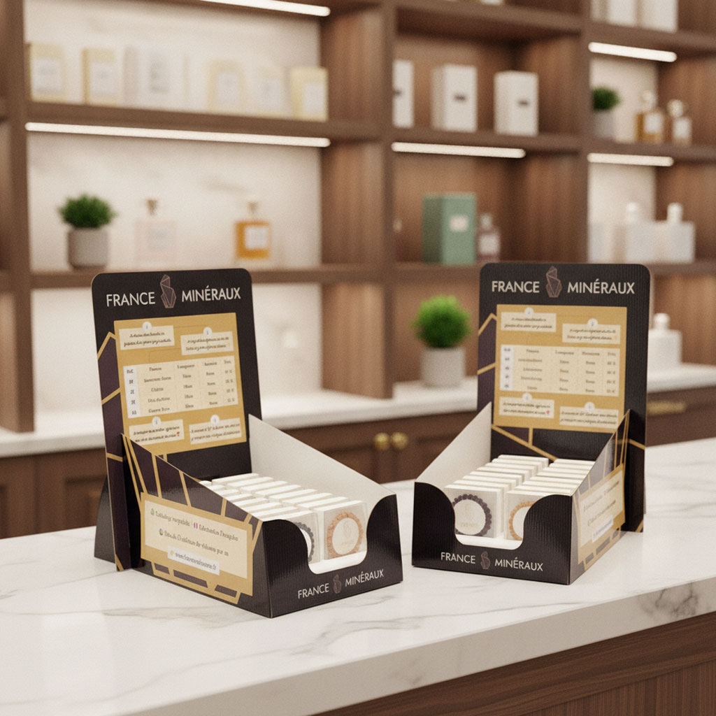 Présentoir comptoir France Minéraux en vitrine